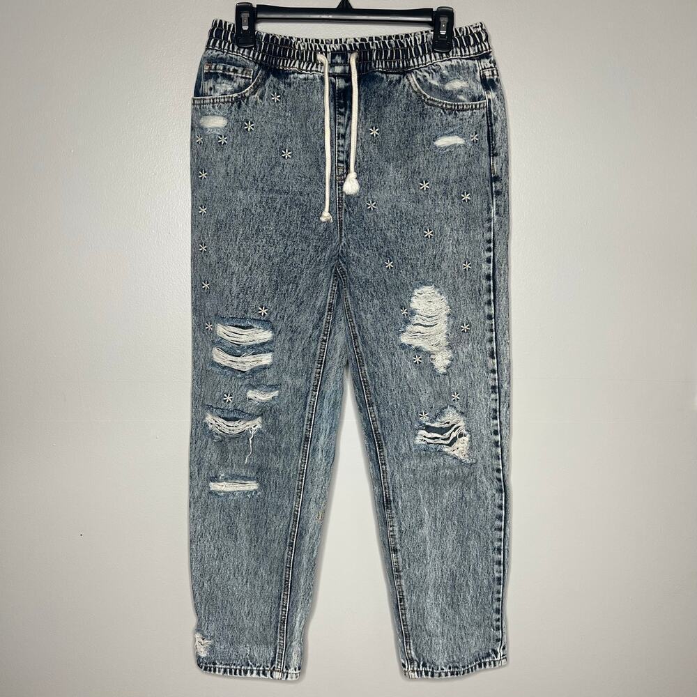 Easel Floral Embroidered Distressed Pull On Straight Leg Jeans Drawstring Sz Med
